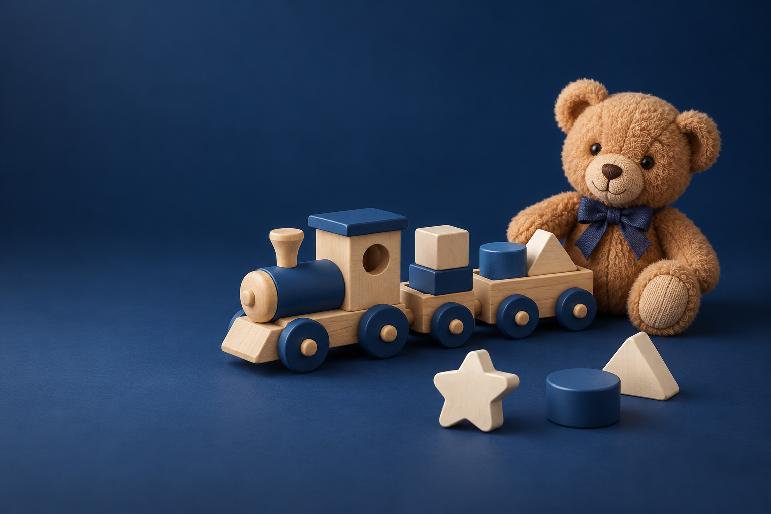 Illustration : petit train en bois et ours en peluche dans un décor bleu.