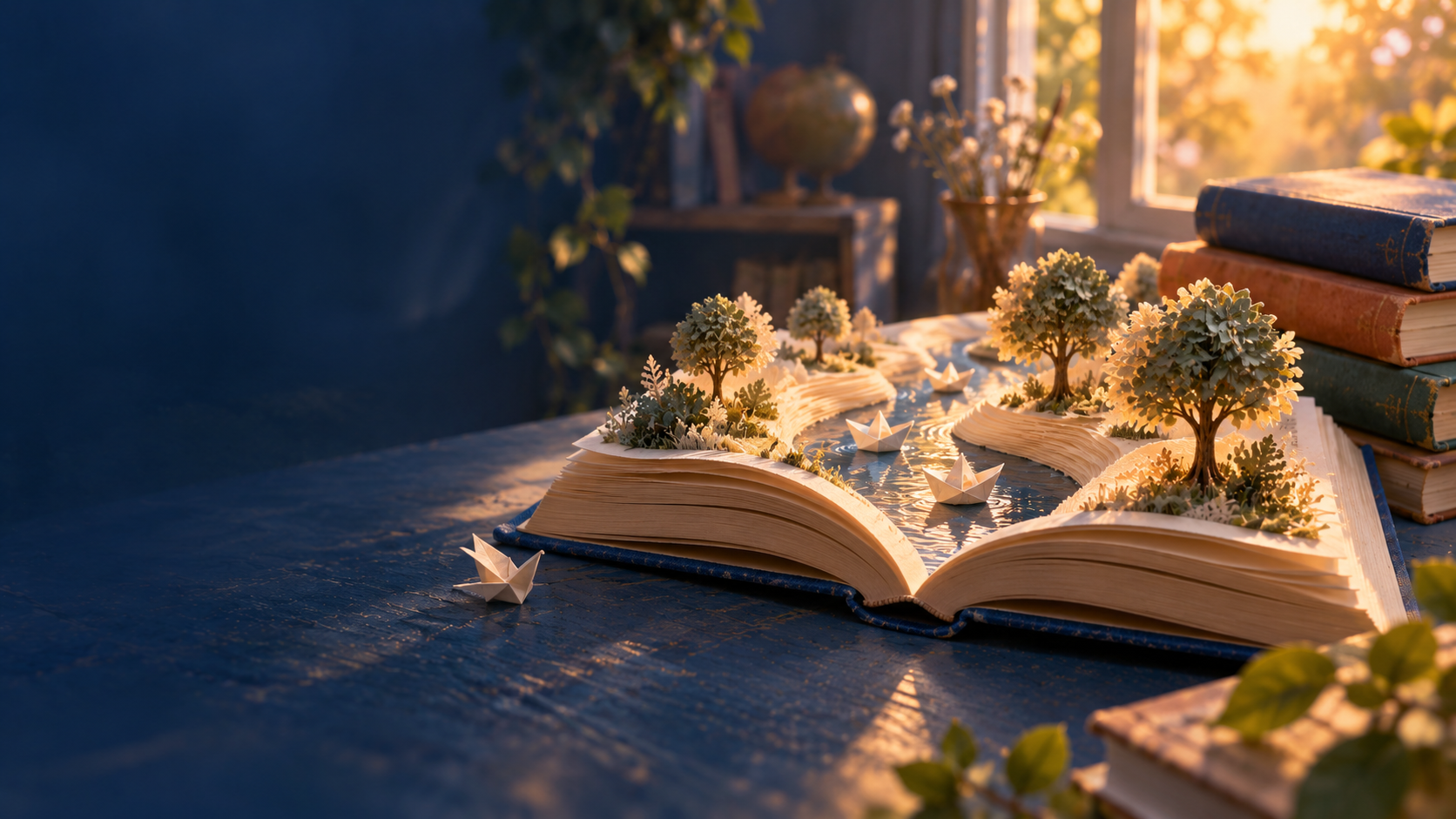 Illustration : un livre ouvert devient un petit paysage de rivière, arbres et bateaux de papier.